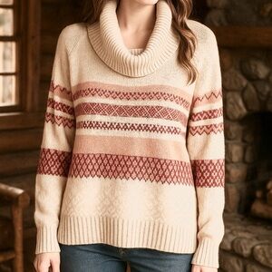 Frye & Co. Fair Isle Cowl Neck Sweater Size XL Beige Red Cotton Blend